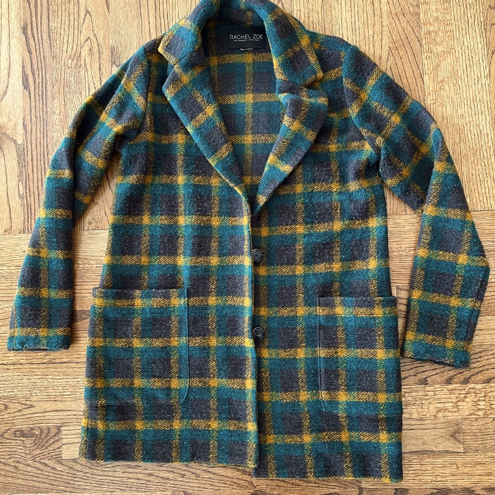 NWOT Rachel Zoe women’s brown and hunter green plaid jacket coat sz. M